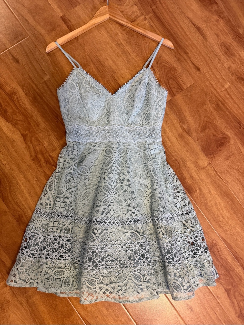 Evernew Lace Fit & Flare Spaghetti Strap Dress - Light Sage Green